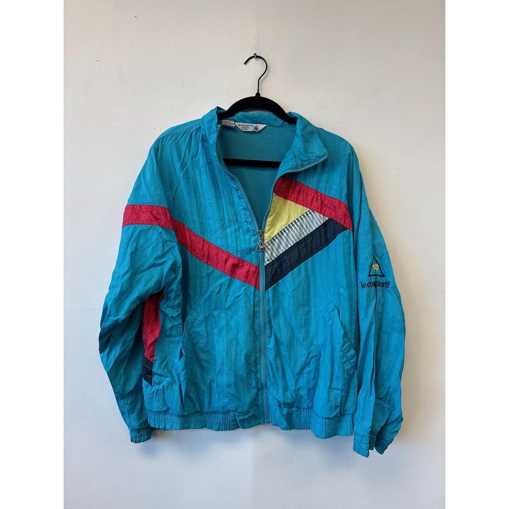 Vintage Le Coq Sportif Jacket Mens Medium Teal Colorblock Windbreaker 90s
